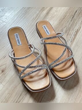 Steve Madden Silver Rhinestone Strappy Slide Sandals